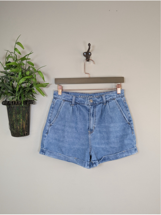 American Eagle Outfitters Pants - AE 4 Mom Jean Shorts High Rise Pleated Rolled Relaxed Medium Wash American Eagle